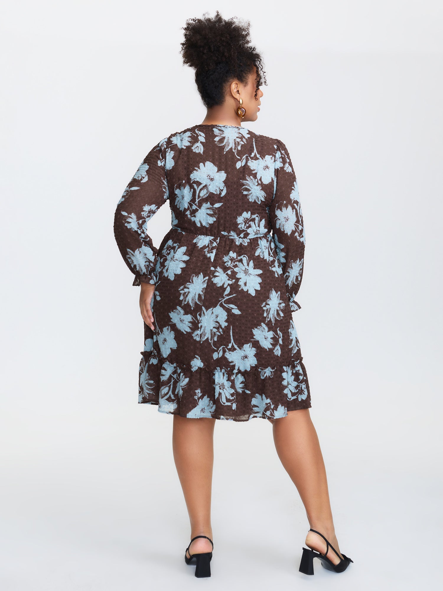 Floral Pattern Textured Drawstring Neck Midi Dress