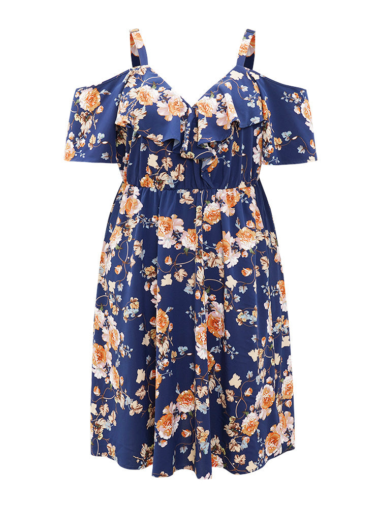 Floral Print Ruffle Trim  Elastic Waist Cold Shoulder Dress