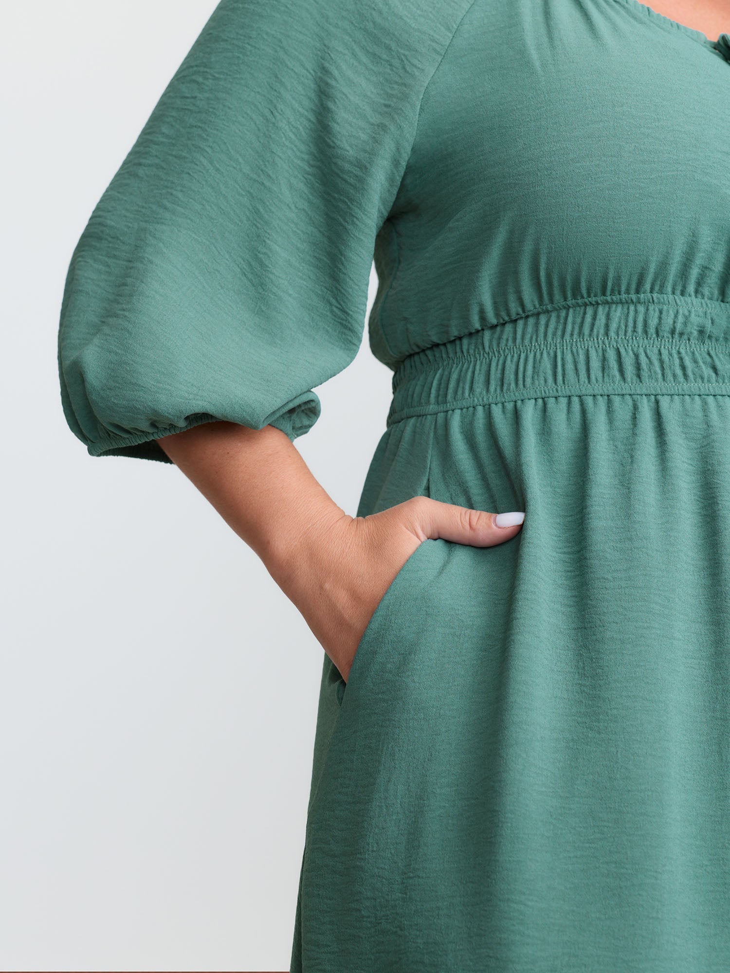 Shirred Waist Drawstring Neckline Midi Dress