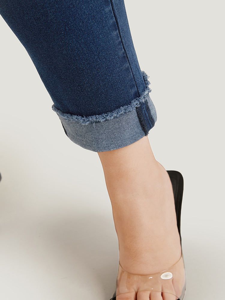 Solid Frayed Roll Hem High Rise Jeans