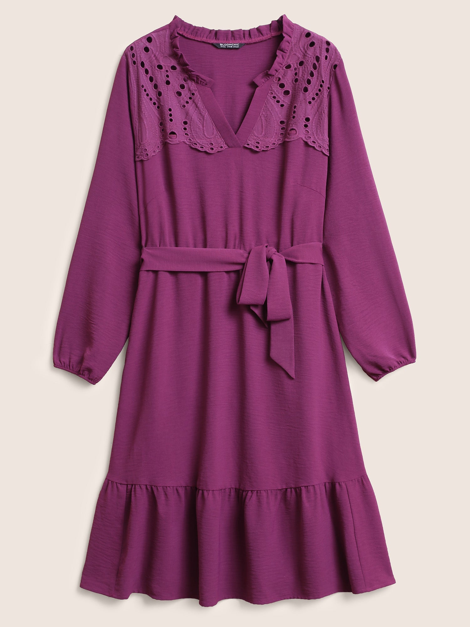 Solid Lace Panel Cut Out Belted Gathered Dress