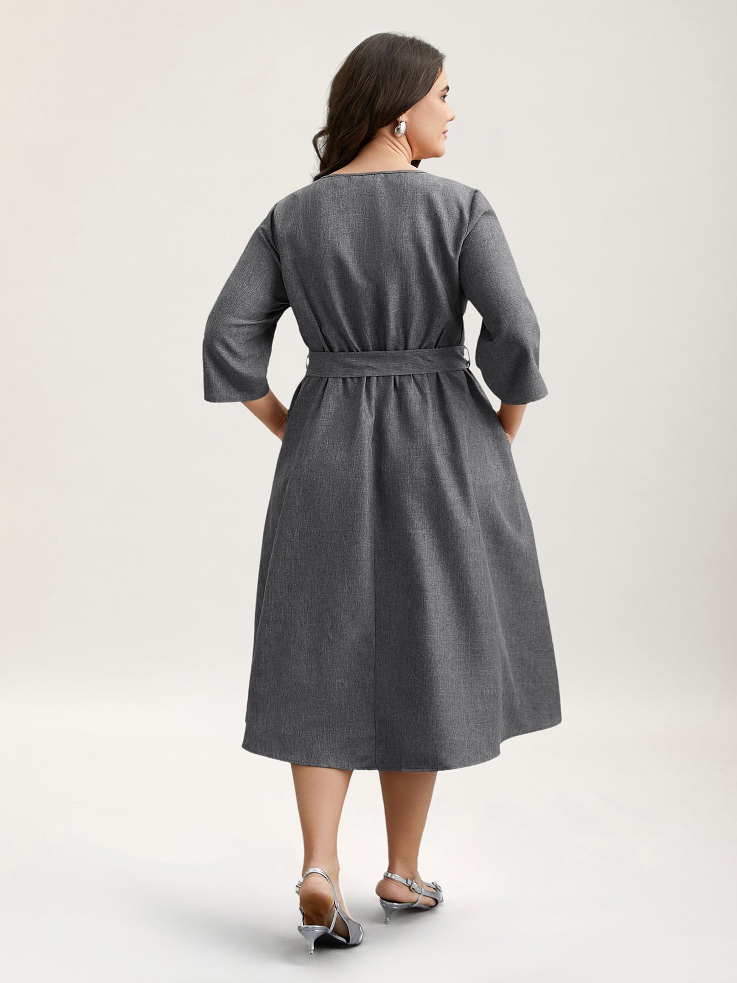 Asymmetrical Neckline Belted Pockets Midi Dress