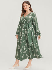 Floral Wrap Pocket Lantern Sleeve Belted Ruffle Dress