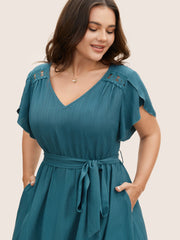 Solid Crochet Lace Petal Sleeve Dress