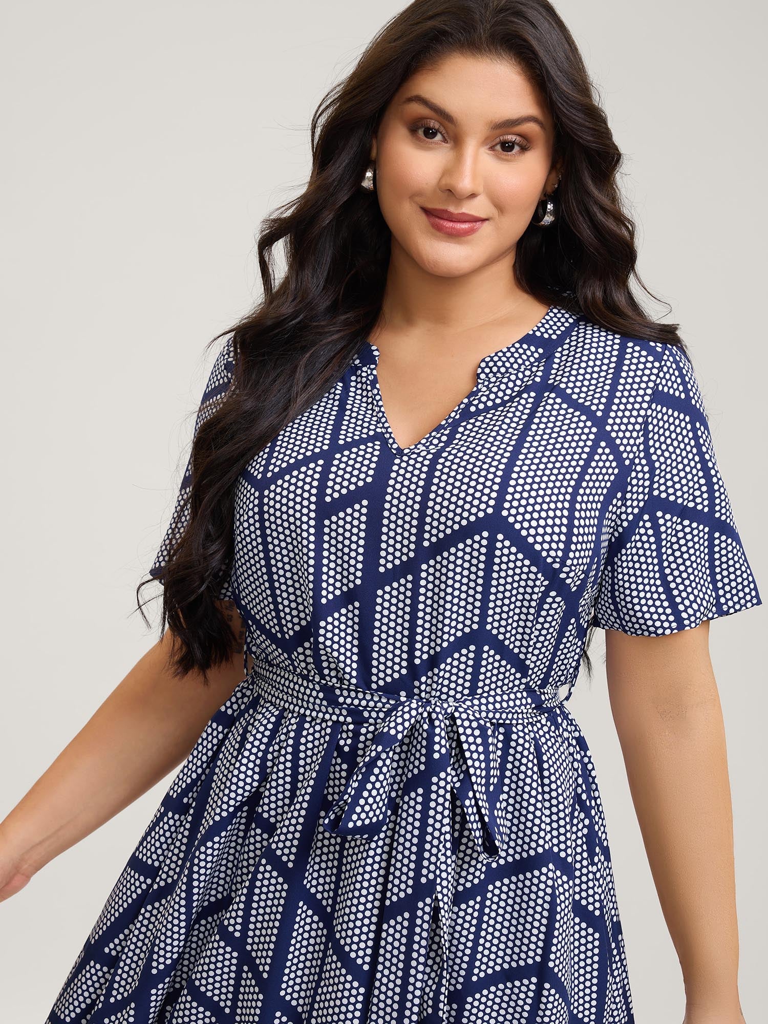 Geometrical Print Notched Collar Belted Midi Dress