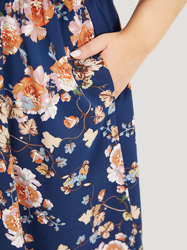 Floral Print Ruffle Trim  Elastic Waist Cold Shoulder Dress