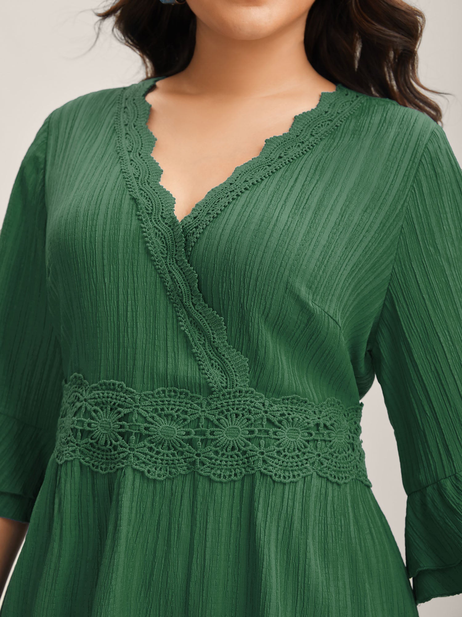 Scalloped Lace Surplice Ruffled Midi Dress