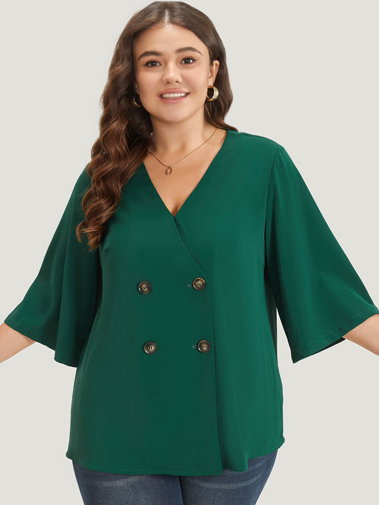 Plain Double Breasted Surplice Neck Flounce Sleeve Blouse