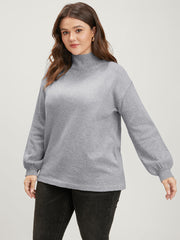 Solid Pointelle Knit Lantern Sleeve Mock Neck Heather Knit Top