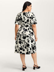 Silhouette Flower Puffy Sleeve Midi Dress