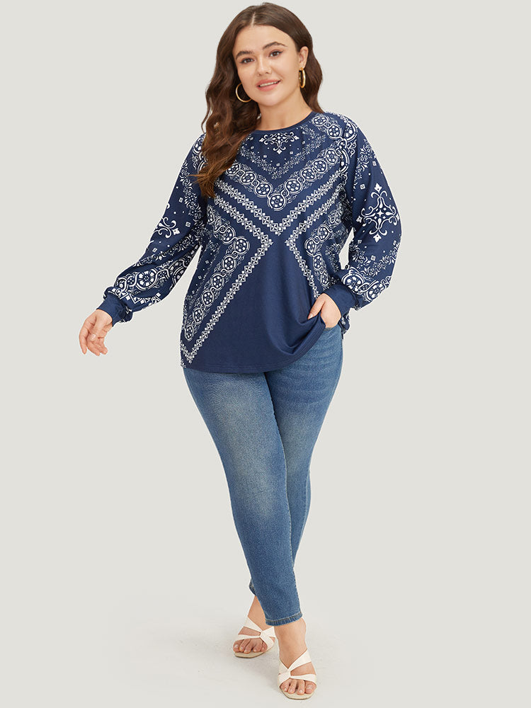 Scarf Print Round Neck Elastic Cuffs Sweatshirt