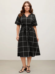 Checkered Print Belted Pockets Midi Dress