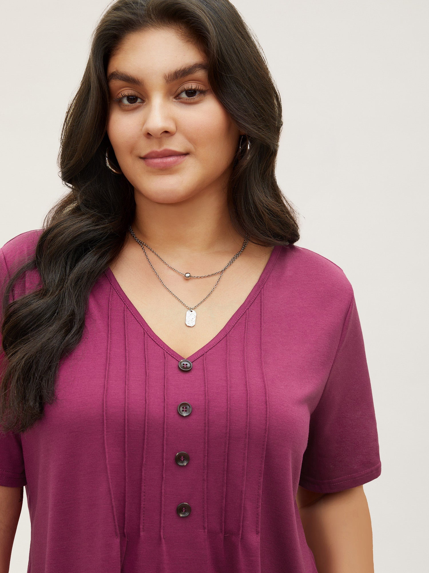 Solid Pleated Front Button Detail V Neck T-shirt