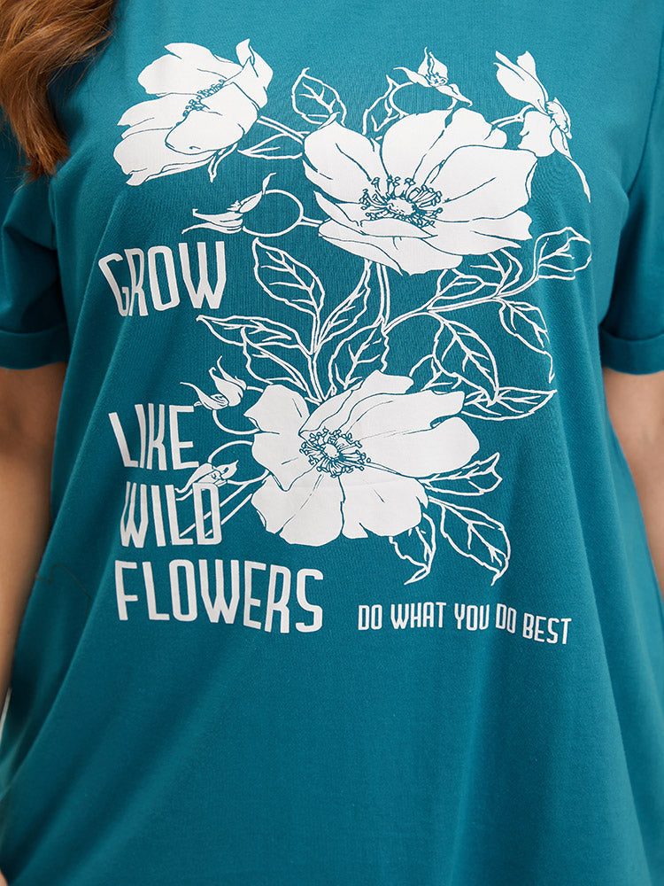 Floral & Letter Roll Sleeve T-shirt