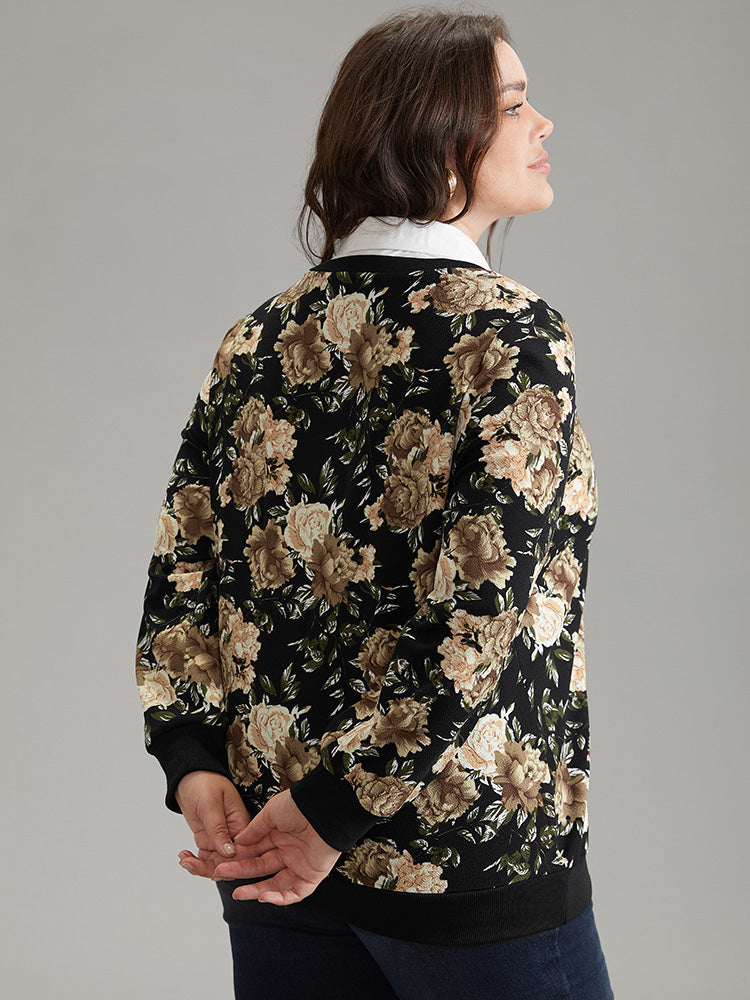 2-In-1 Floral Print Shirt Collar Sweatshirt