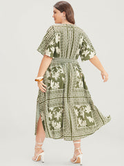 Floral Print Ruffles V Neck Shirred Pocket Split Hem Dress