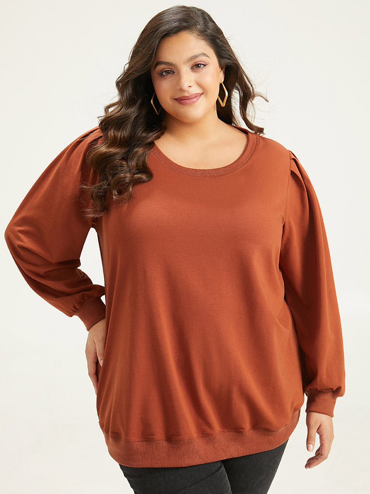 Solid Pleated Detail Elastic Cuffs Sweatshirt