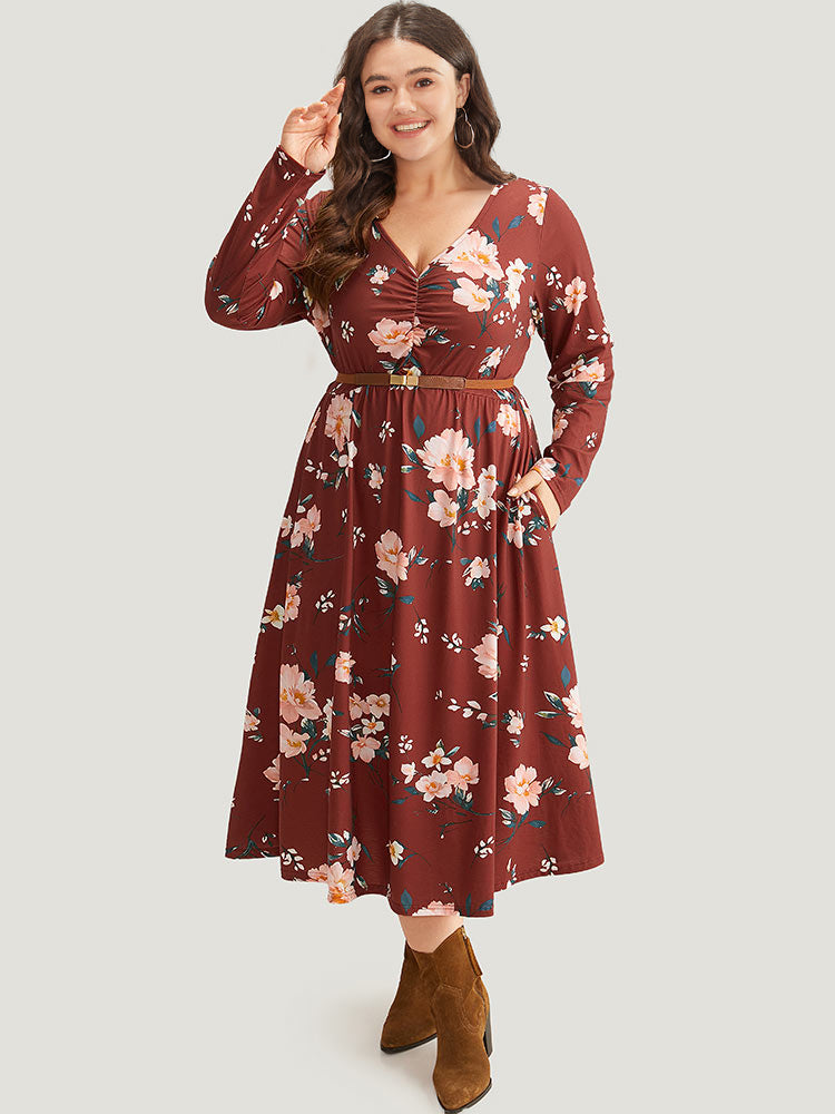 Floral Pocket Ruched Elastic Waist Dress