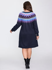 Fair-Isle Pattern Round Neck Sweater Dress