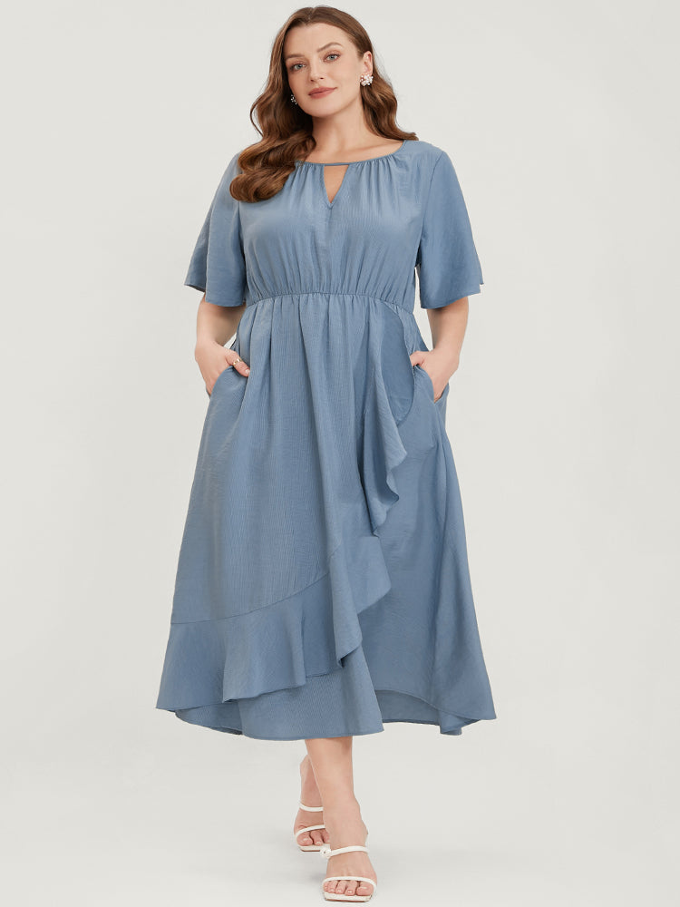 Solid Keyhole Round Neck Pocket Ruffle Trim Rib Knit Dress