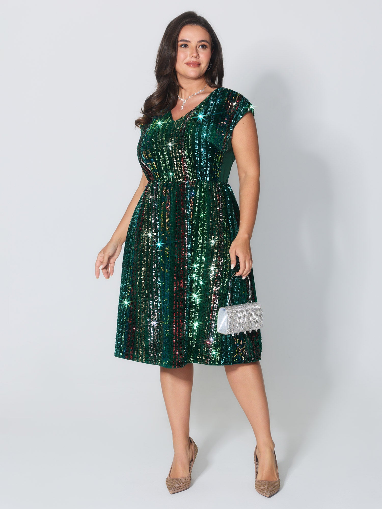 Shimmery Sequin Stripe Cinched-Waist Midi Dress
