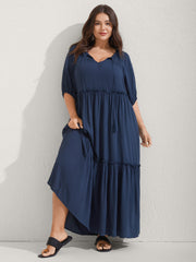 Shirred Neck Tie Tiered Puff Sleeve Dress