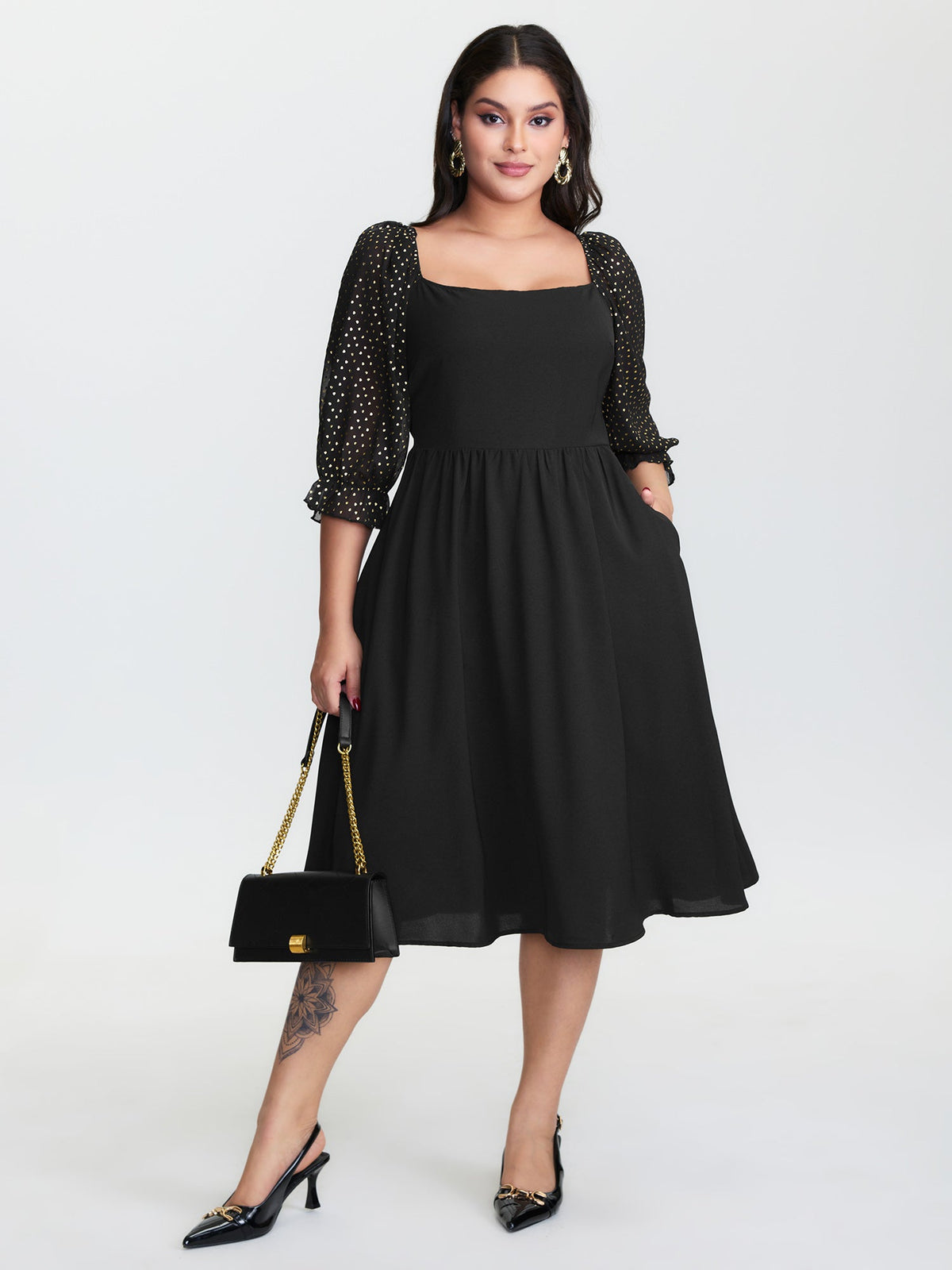 Sheer Sleeve Shirred Stretchy Waist Midi Dress