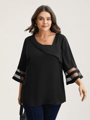 Sheer Sleeve Patchwork Asymmetrical Neckline Blouse