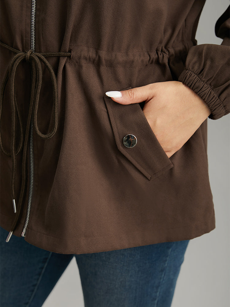 Fuzzy Trim Patchwork Zipper Drawstring Buckle Detail Jacket