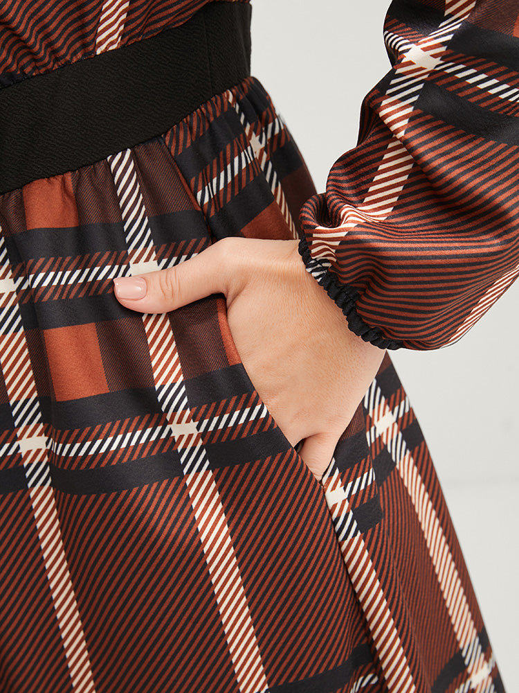 Plaid Patchwork Round Neck Lantern Sleeve Pocket Midi Dress