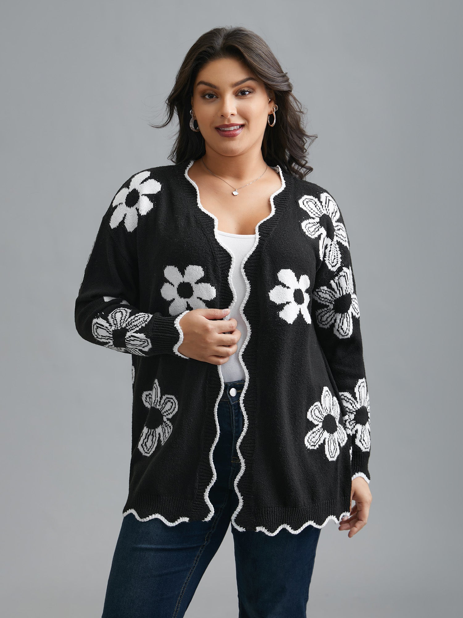 Floral Pattern Open-Front Knitted Cardigan