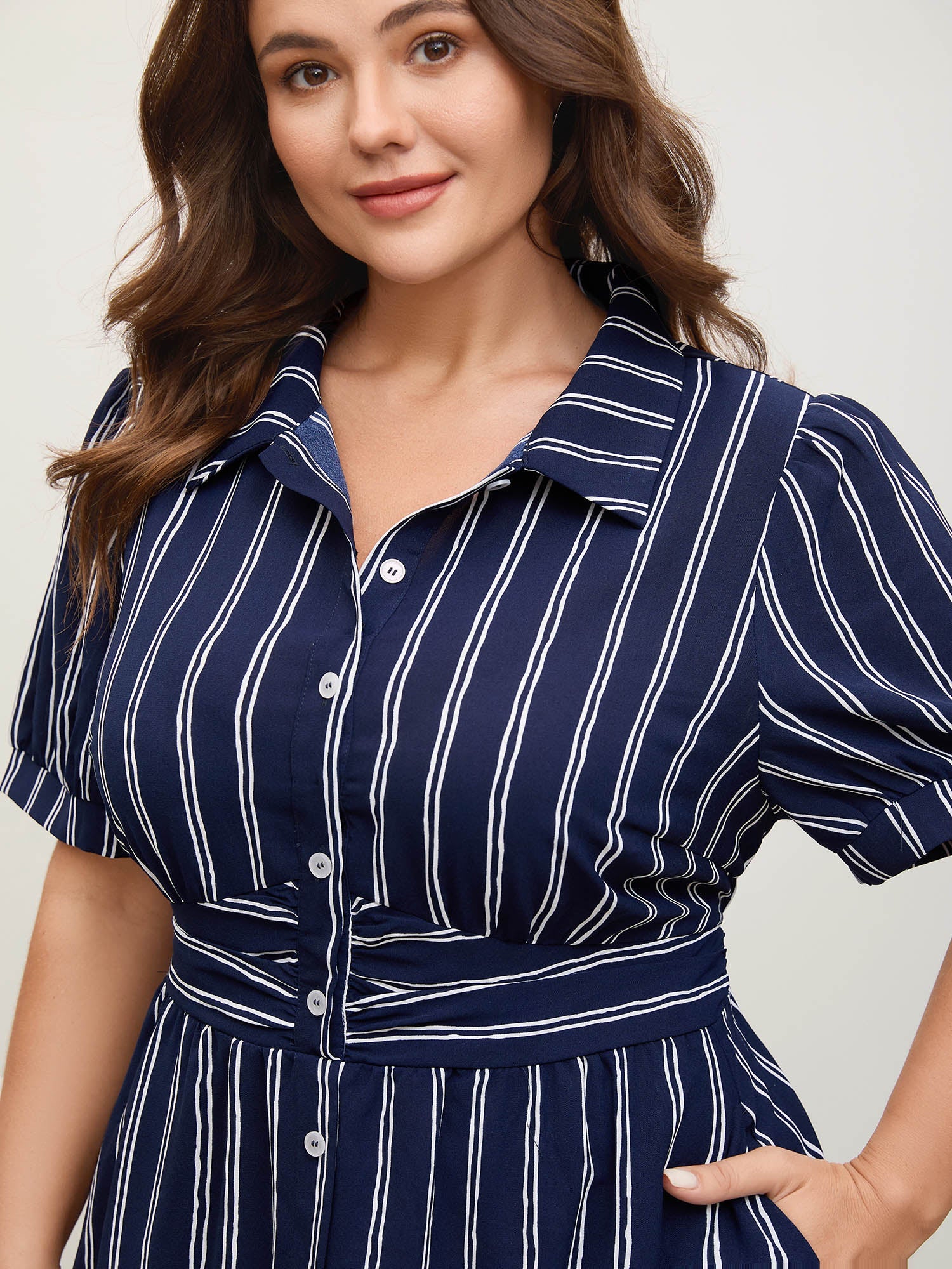 Striped Waist-Cinched Pockets Midi Dress