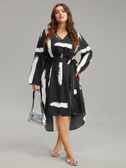 Brush Print V Neck Belted Tab Sleeve Dress