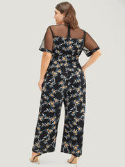 Floral Mesh Patchwork Crew Neck Pocket Belted Jumpsuit