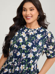 Floral Print Stretchy Waist Lace Midi Dress