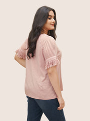 Solid Cut Out Raglan Sleeve Fuzzy Trim T-shirt