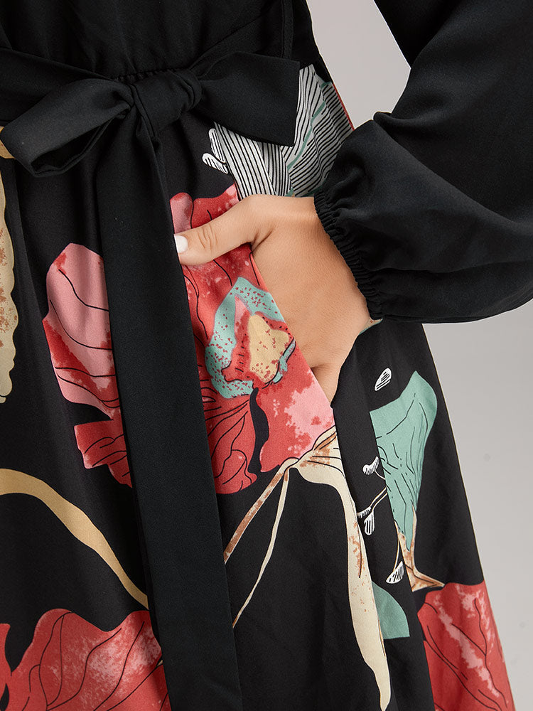 Floral Print Patchwork Notched Belted Dress