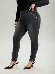 Black Wash Button Detail Skinny Jeans