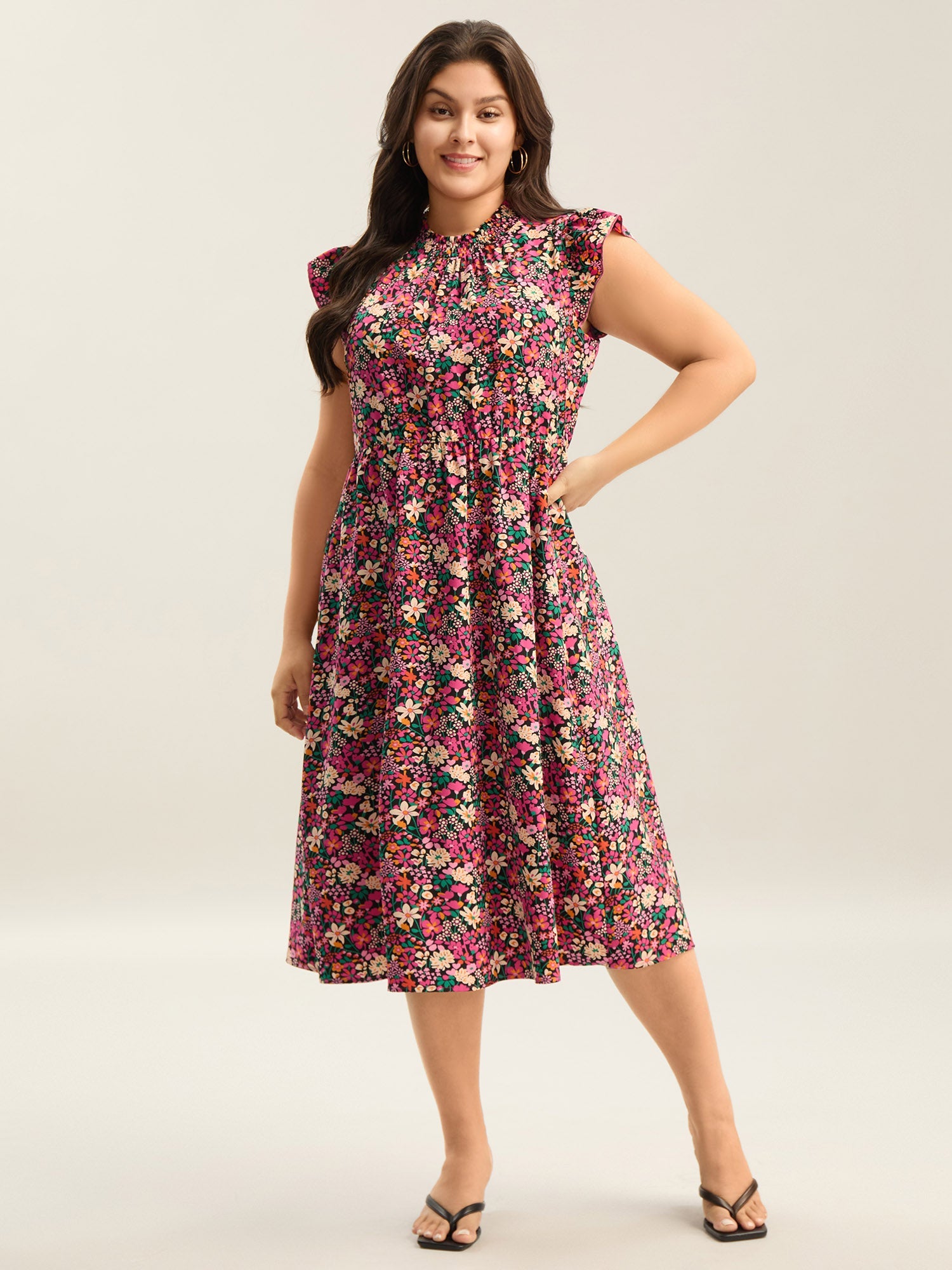 Floral Print Shirred Pockets Midi Dress