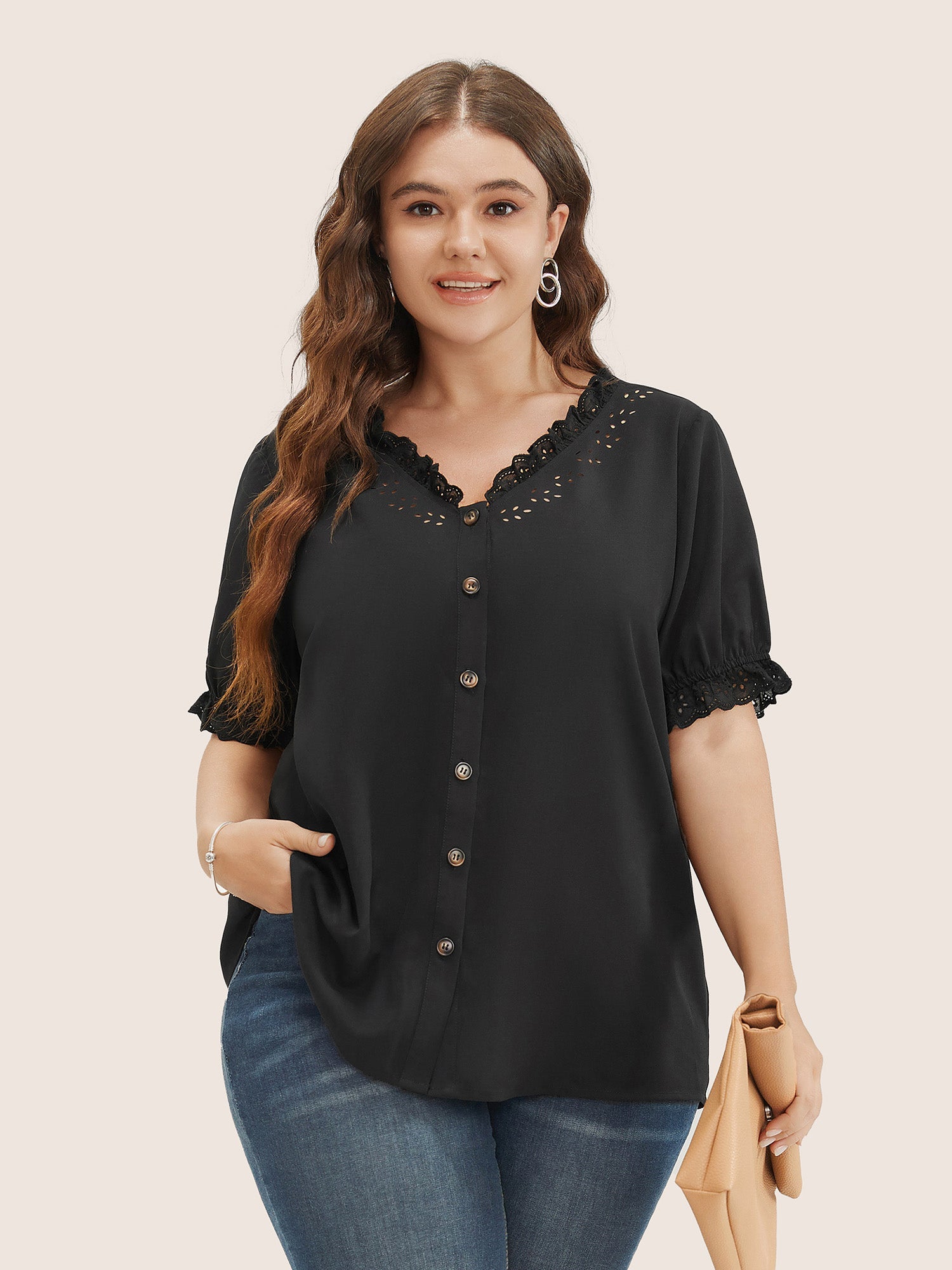 Solid Lace Trim Button Up Laser Cut Puff Sleeve Blouse