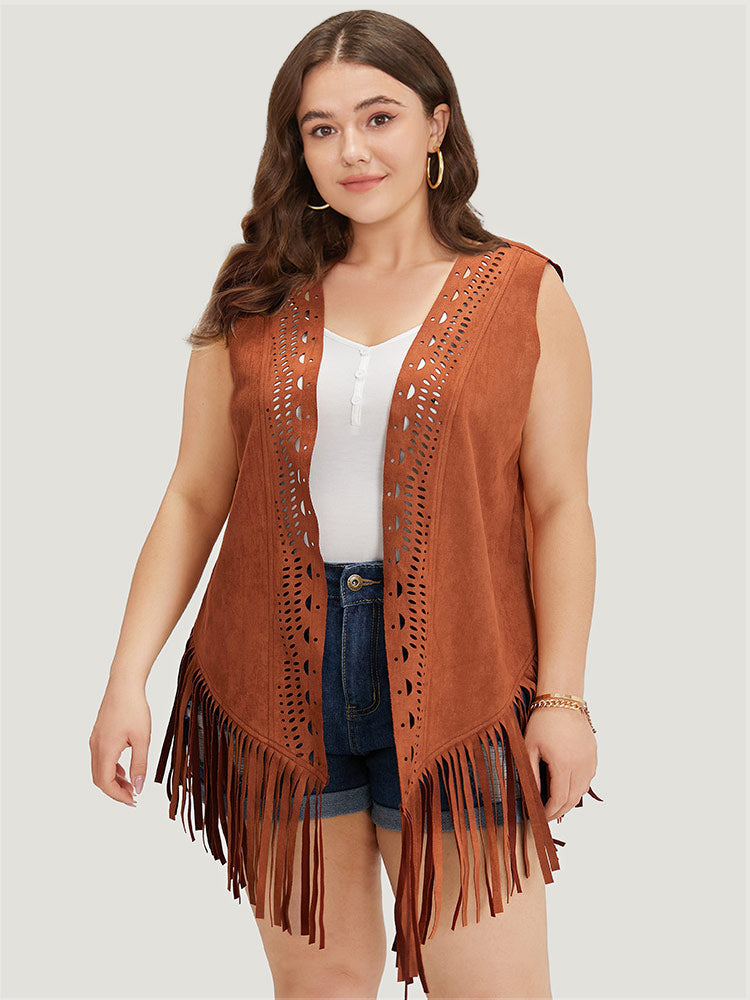 Plain Laser Cut Tassel Trim Sleeveless Kimono