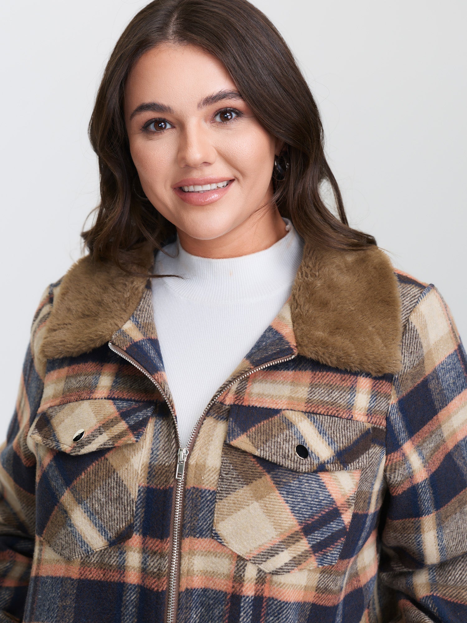 Plaid Pattern Fuzzy Collar Zipper Jacket