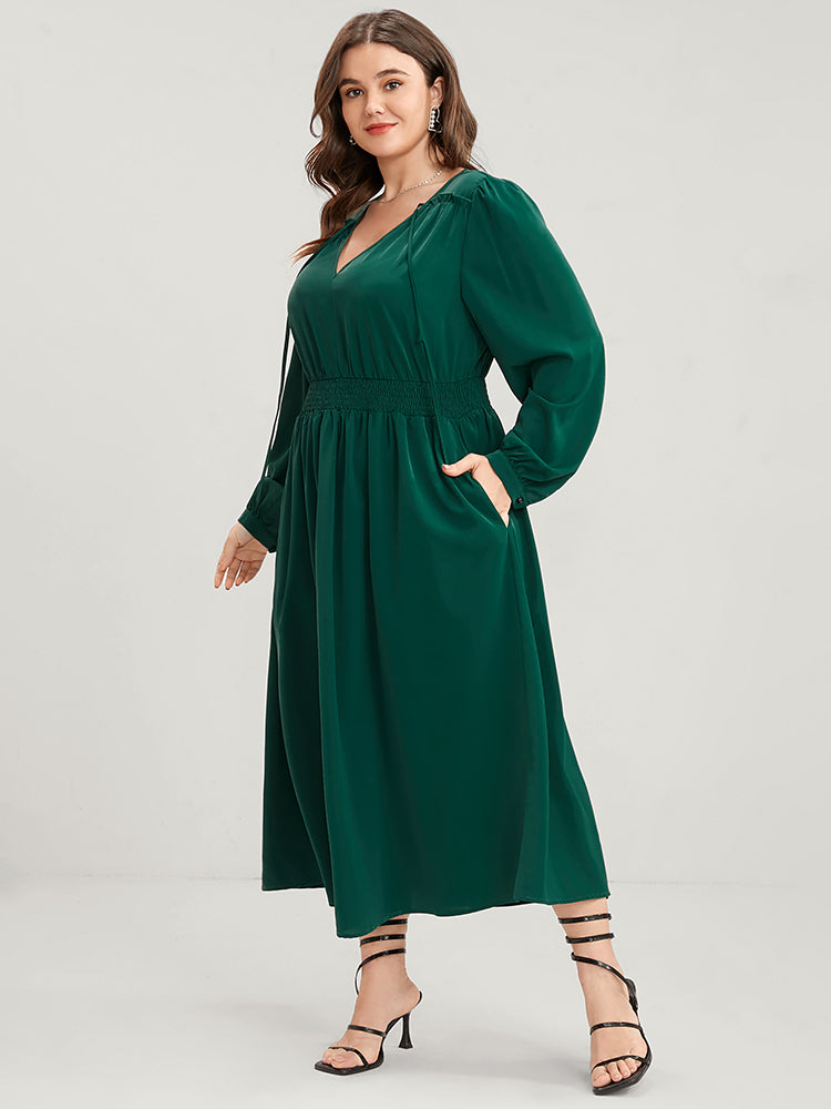 Solid Pocket Shirred Tie V Neck Ruffle Hem Dress