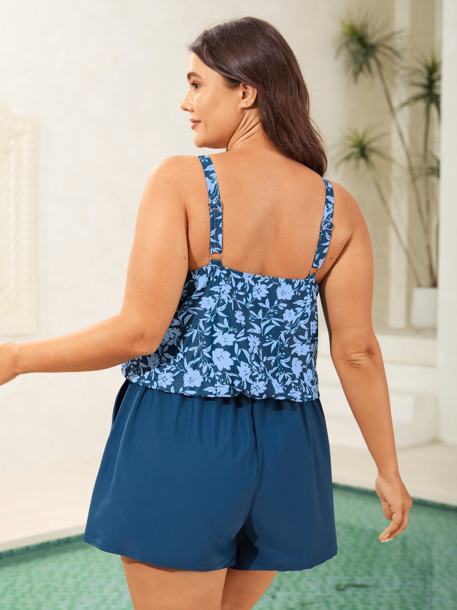 Floral Print Keyhole Pockets Swim Romper