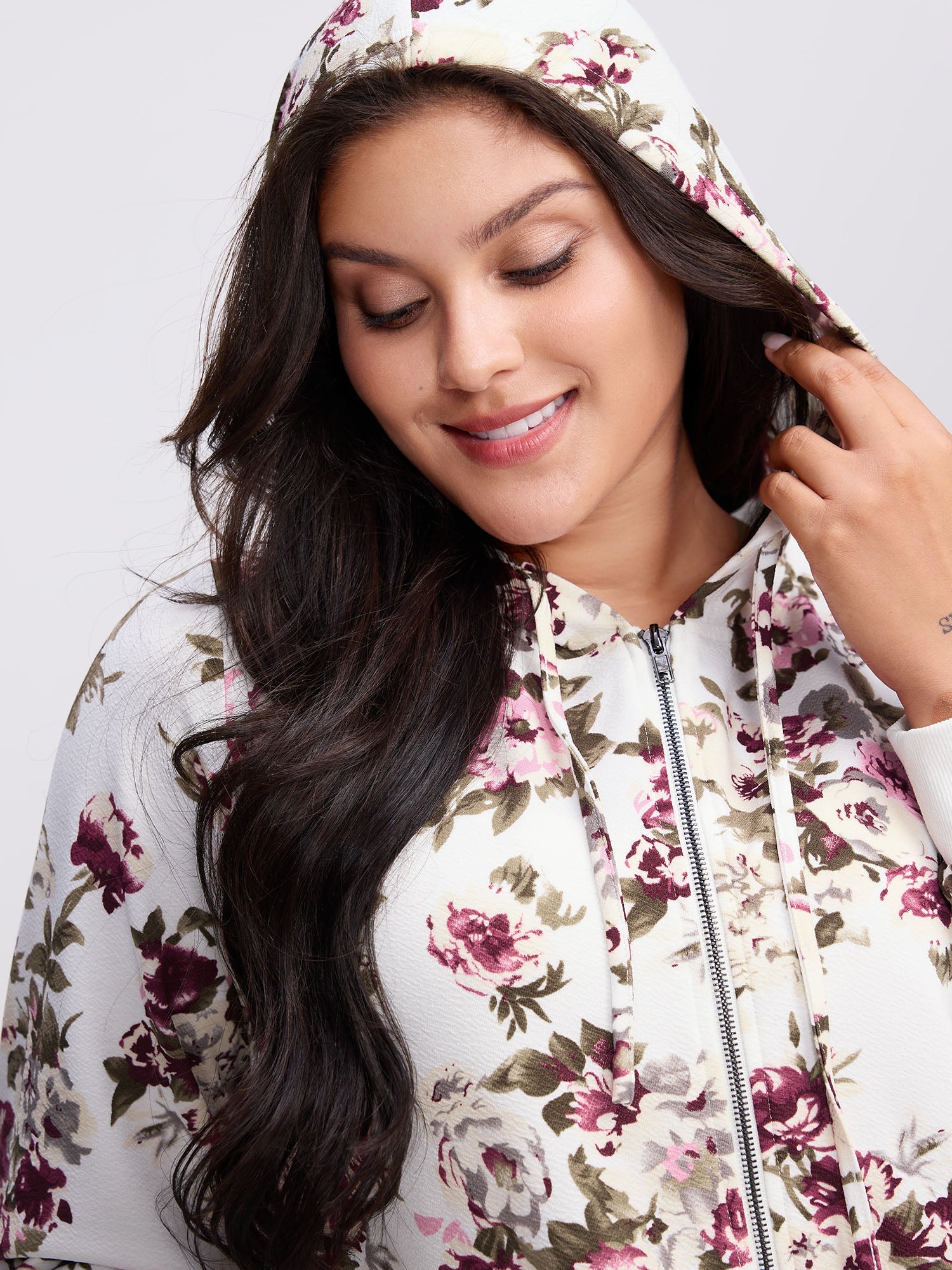 Flower Print Pockets Zipper Jacket