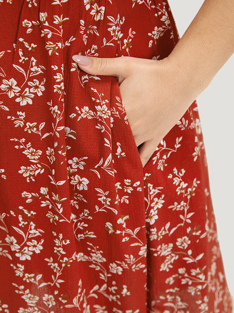 Floral Print Square Neck Ruched Ruffles Drawstring Dress