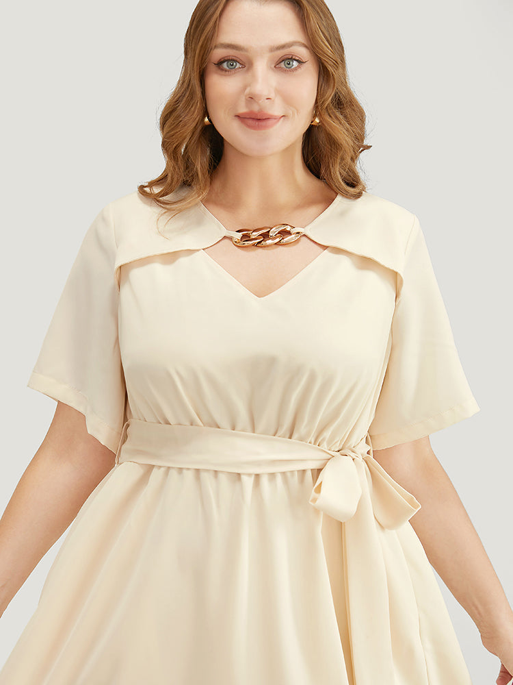 Solid Chain Detail Cut Out Pocket Belted Flutter Dress