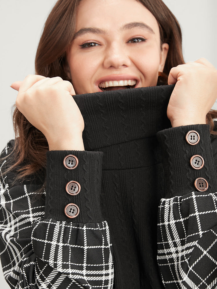Plaid Patchwork Button Detail Funnel Neck Sweatshirt