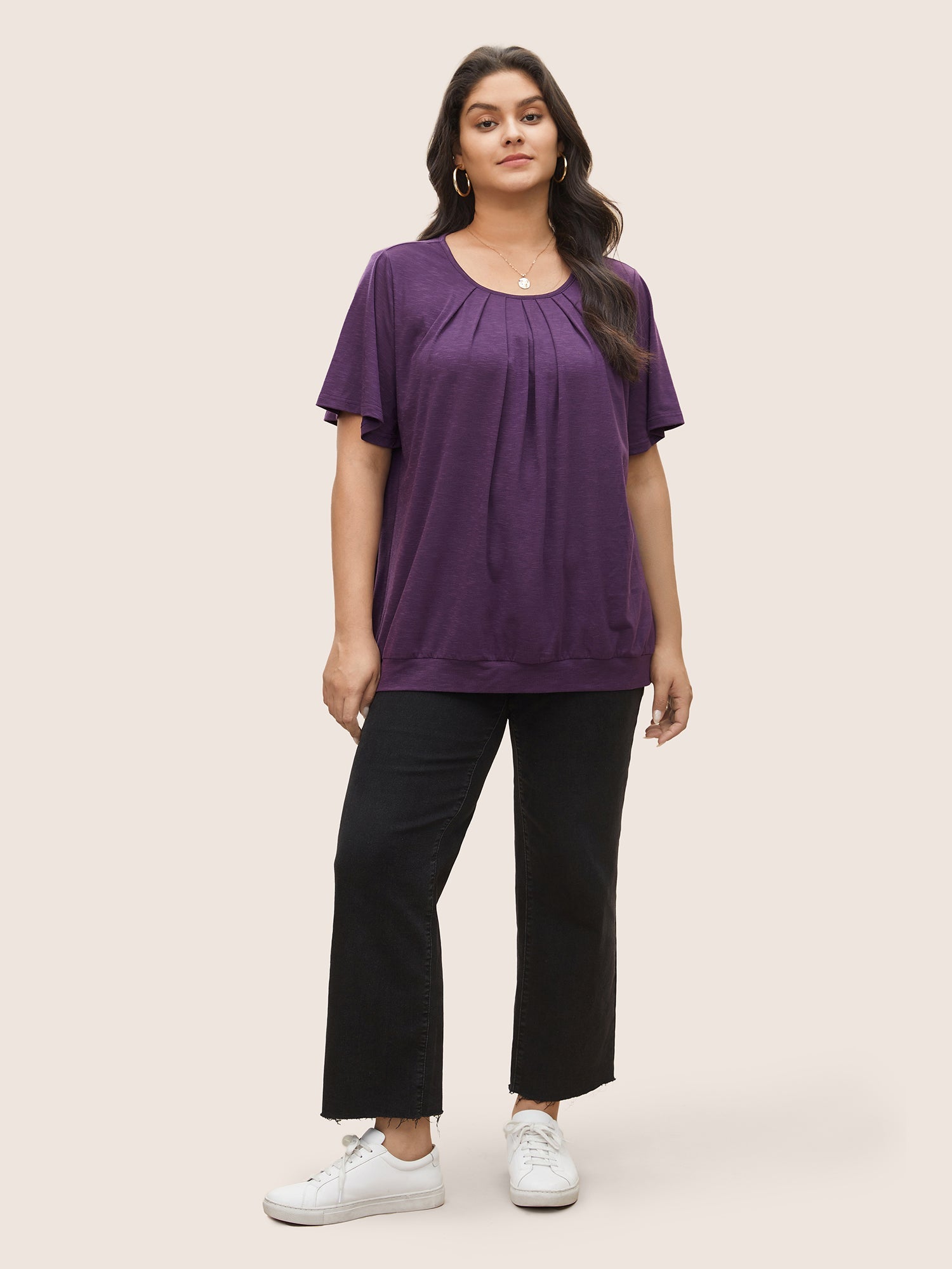 Solid Plicated Detail Flutter Sleeve T-shirt