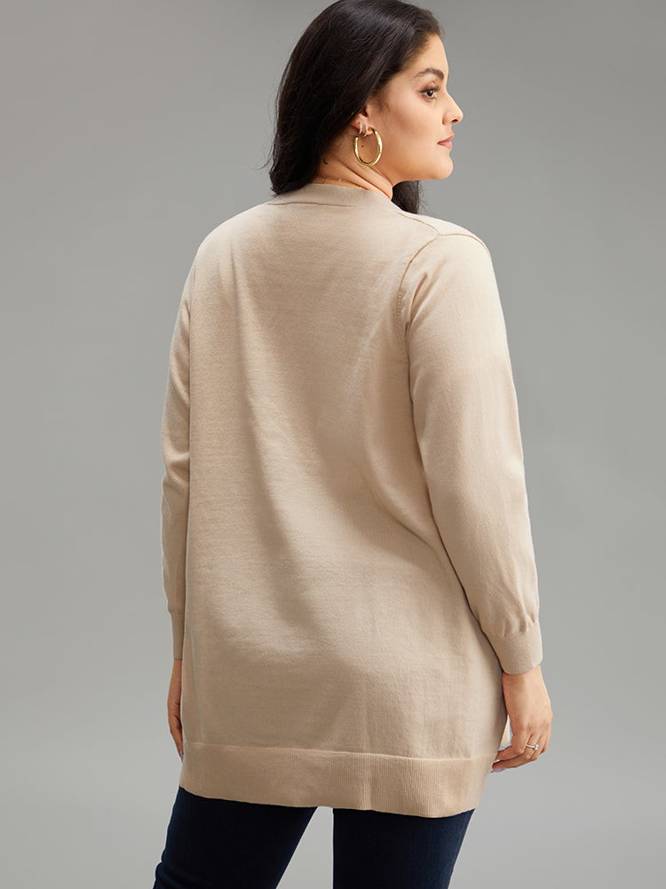 Solid Elastic Cuffs Open Front Cardigan